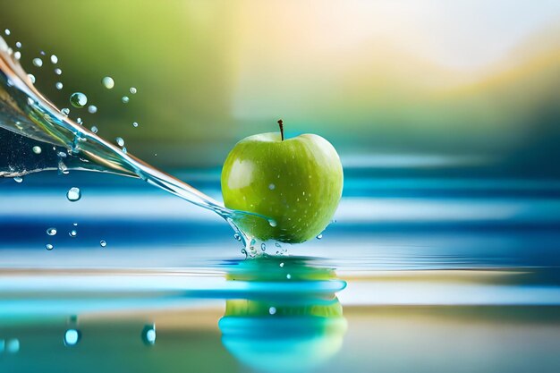 Green apple in water with a splash of water