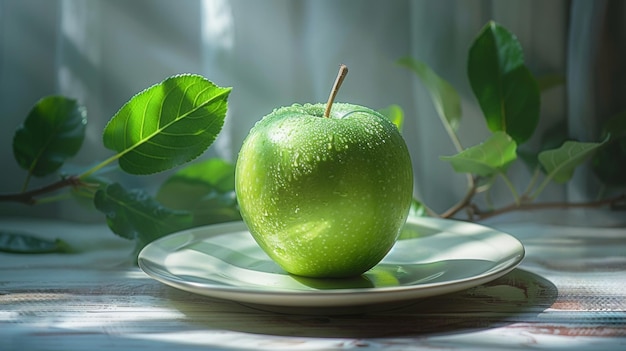 A Green Apple on a White Plate