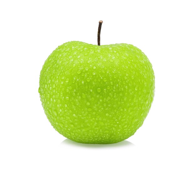 Green apple with a Drop of water on white