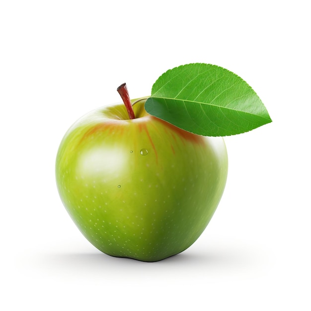 A green apple with a leaf on it