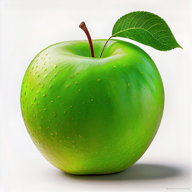 A green apple with a leaf on it