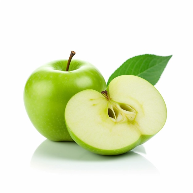 A green apple with a leaf on it