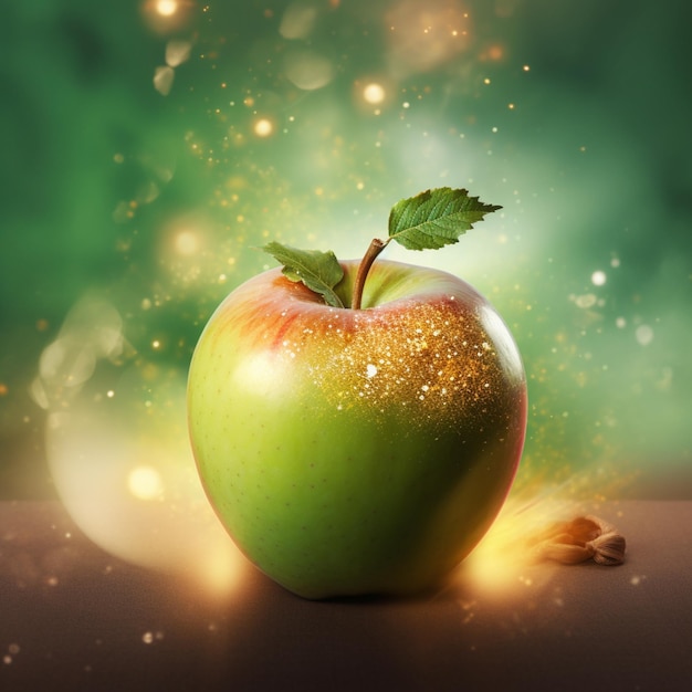 A green apple with a leaf that is on a table