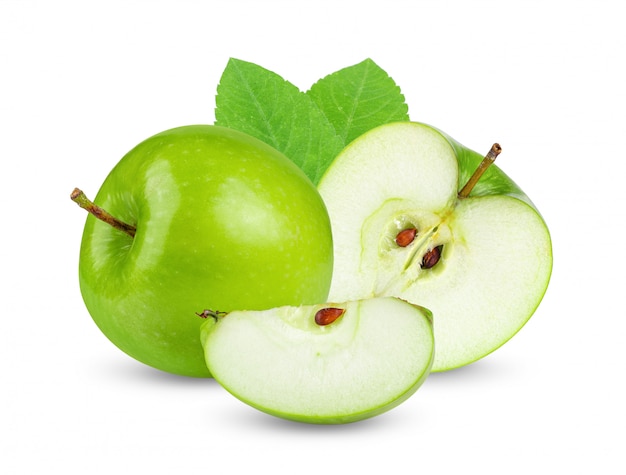 Green apple with leaves on white table