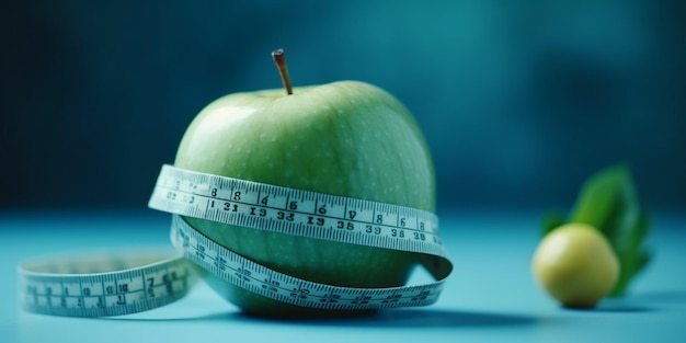 Green Apple with measuring tape on blue background Weight loss counting calories and healthy eating concept