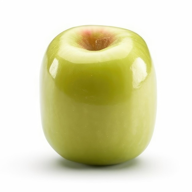 A green apple with a red spot on the top.