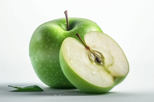 A green apple with a stem cut in half