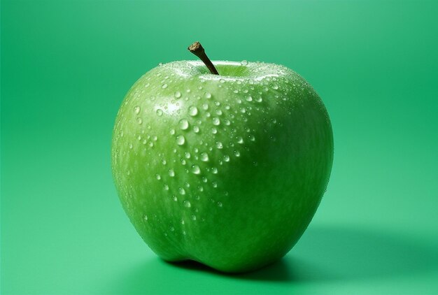 A green apple with water droplets on it