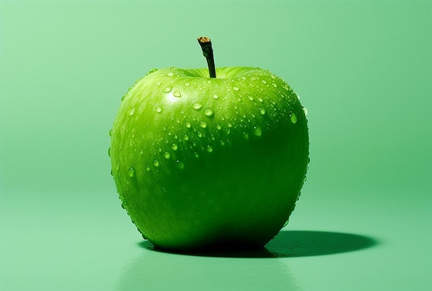 A green apple with water droplets on it