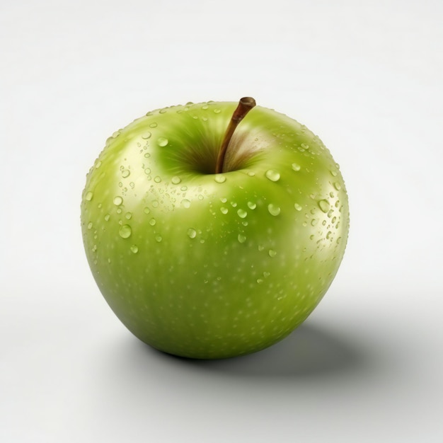 A green apple with water droplets on it