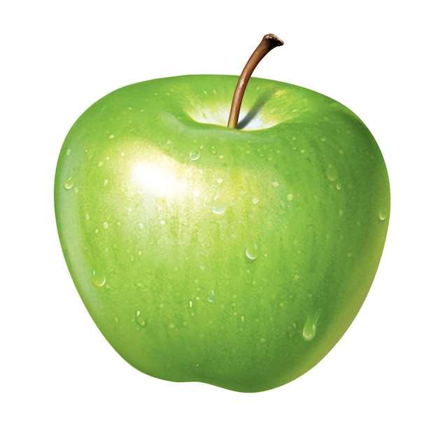 A green apple with water droplets on it