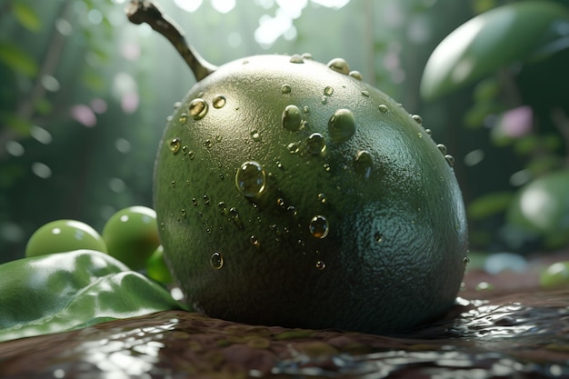 A green apple with water droplets on it