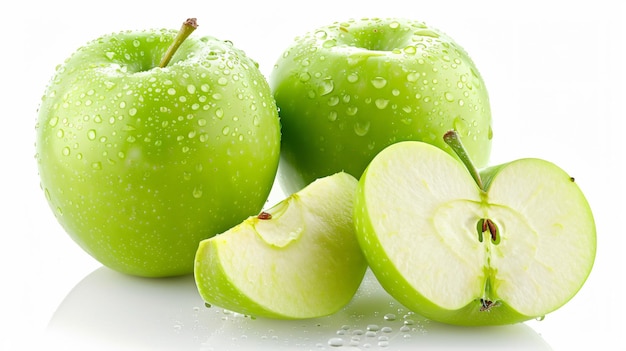 a green apple with water drops on it and a half of it