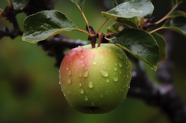 A green apple with water drops on it