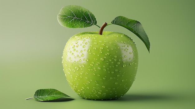 A green apple with water drops on its skin The apple is sitting on a solid green background
