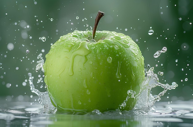 A green apple with water splashing on it