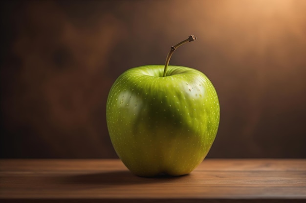 Green apple on a wooden table with dark background shallow depth of field The concept of healthy eating ai generative