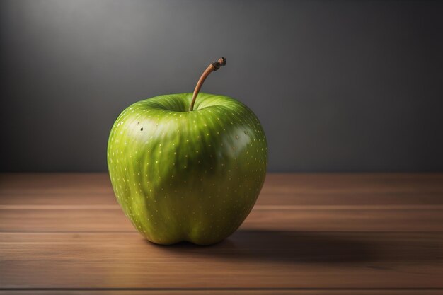 Green apple on a wooden table with dark background shallow depth of field The concept of healthy eating ai generative
