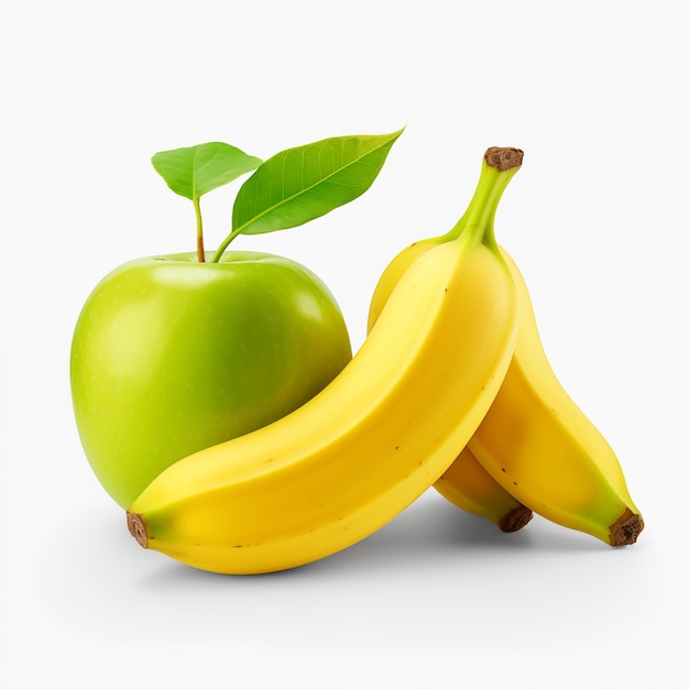 Green apple yellow banana on white table