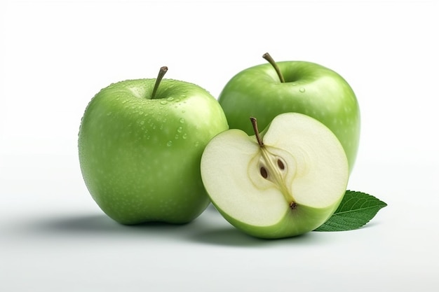녹색 사과는 조각으로 잘리고 흰색 배경에 있습니다.