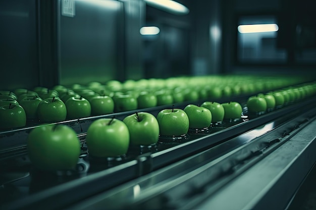 Green apples on a convey in an apple processing facility taken from the side to the top right and bottom left