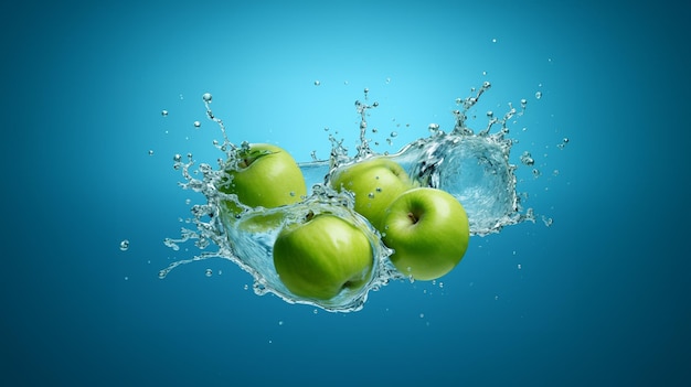 Green apples falling into water splashes on a blue background Juicy fruit background AI generated