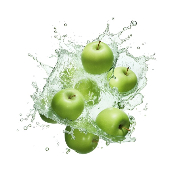 Green apples falling with water splash