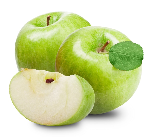 Green apples and half of apple isolated