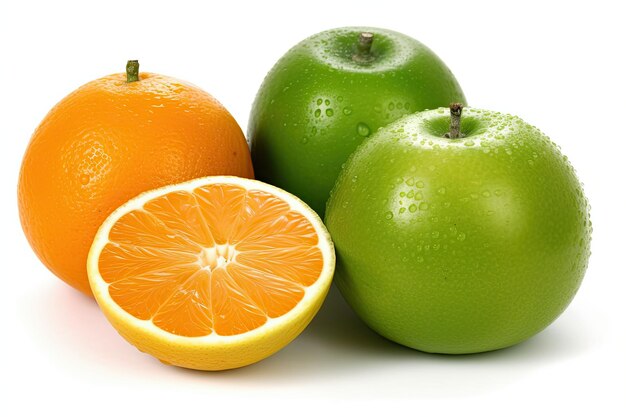 Green apples and oranges in closeup on a white background