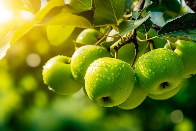 Photo green apples on a tree orchard background