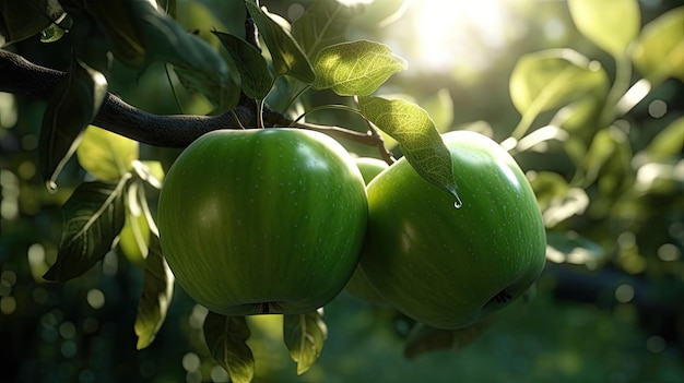 Green apples on a tree with the sun shining on them