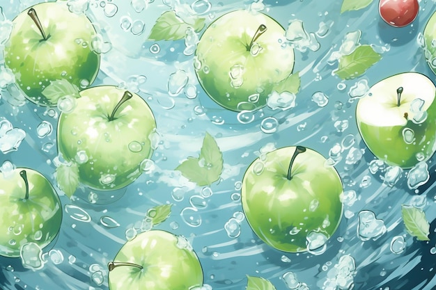 Green apples in water with bubbles in the water