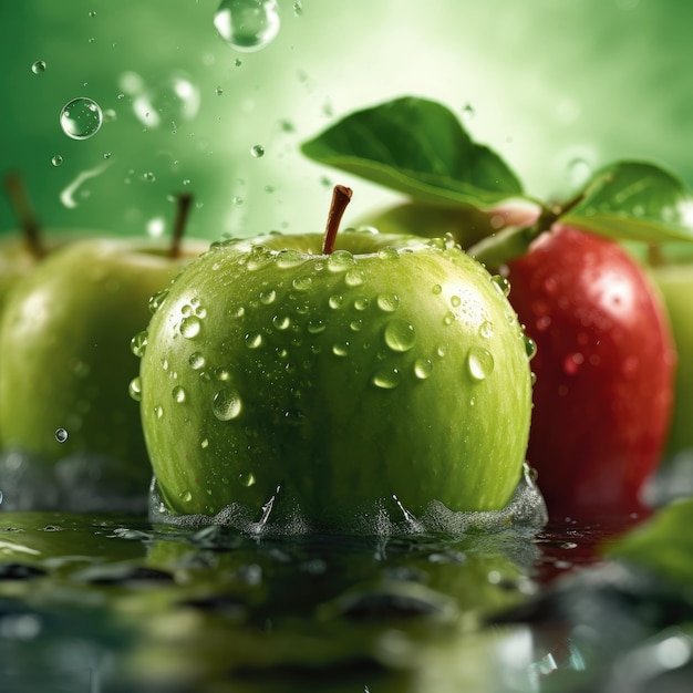 Зеленые яблоки в воде на зеленом фоне