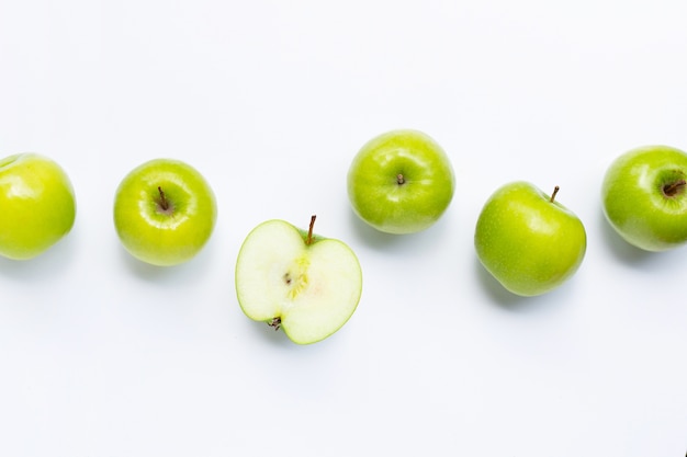 Green apples on white background. Copy space