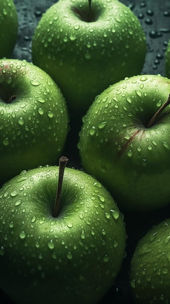 Green apples with water droplets on them in a bowl