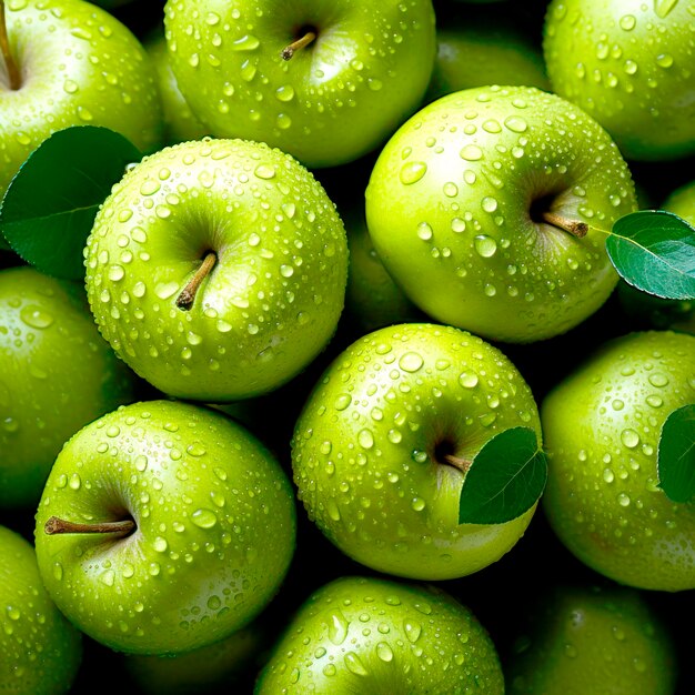 Green apples with water drops Closeup Juicy fruit In full screen Ripe fruit