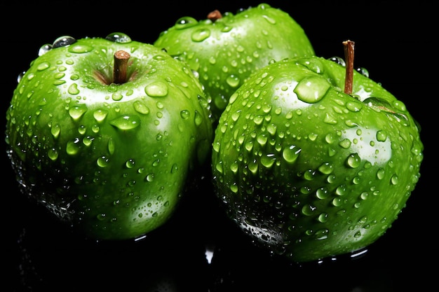 Фото Зеленые яблоки с каплями воды на черном фоне