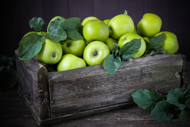 Green apples in a wooden box on old boards, rustic, vintage, harvest