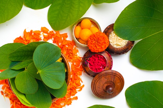 green apta leaf and rice, Indian festival dussehra