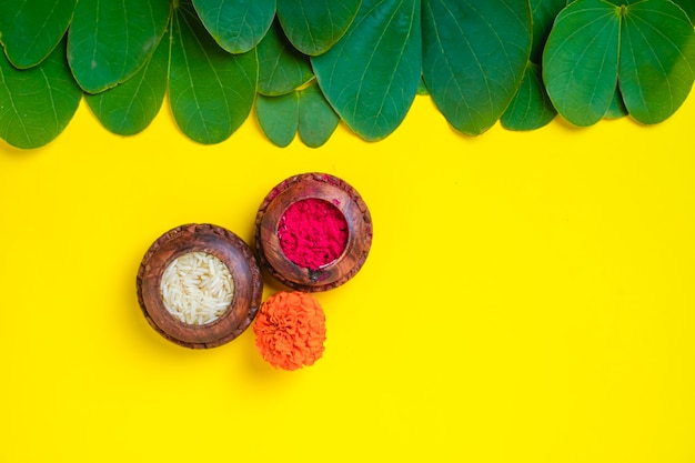 green apta leaf and rice, Indian festival dussehra