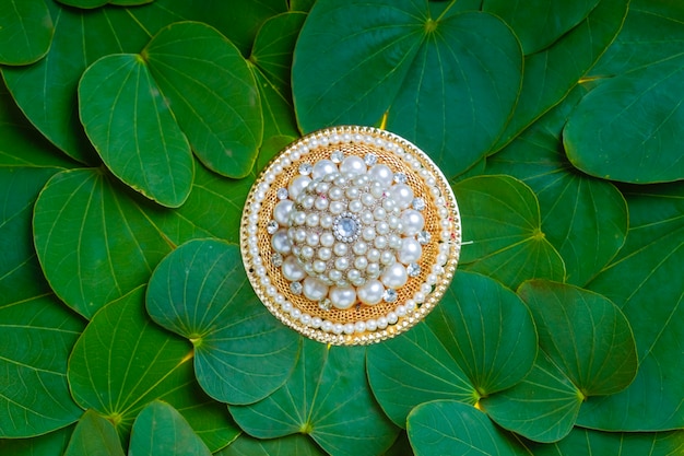 green apta leaf and rice, Indian festival dussehra