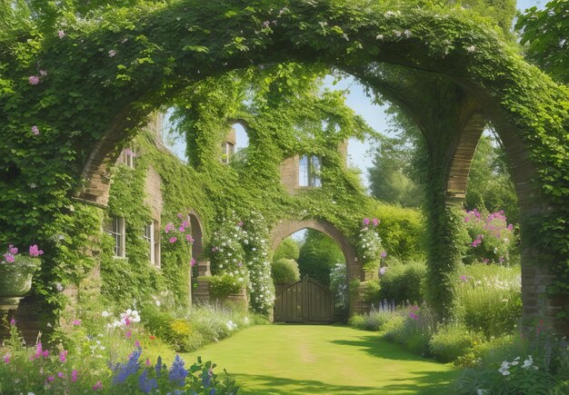 Photo green arch used as a fence in a country garden