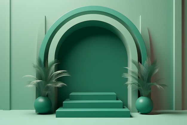 Green arch with stairs podium and plants