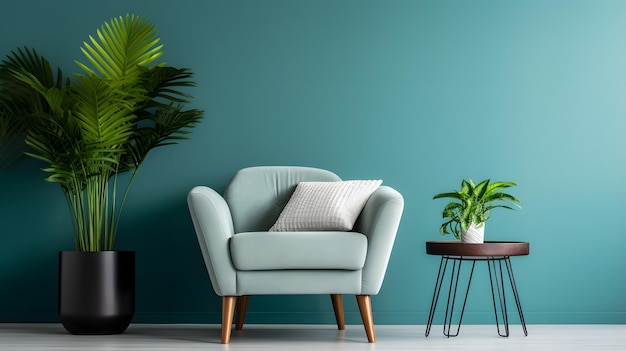 Green arm chair against blue wall with silver painting