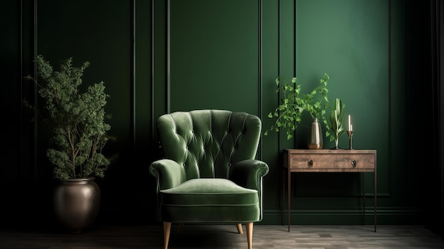 濃い緑色の壁の背景に緑の肘掛け椅子 AI 生成