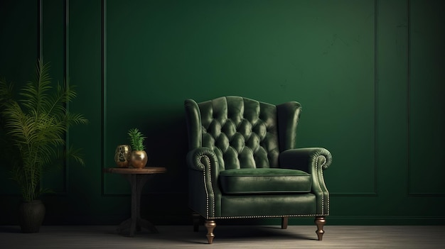 Green Armchair on Dark Green Wall Background AI Generation