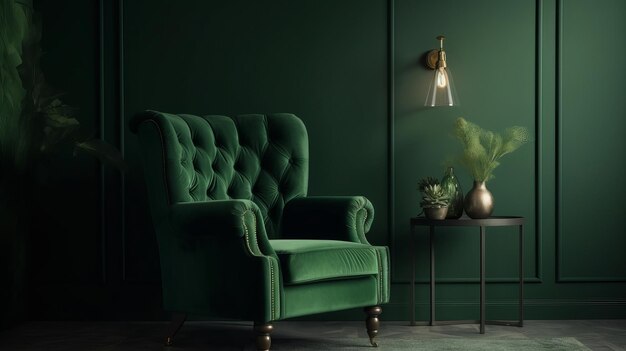 Green Armchair on Dark Green Wall Background AI Generation