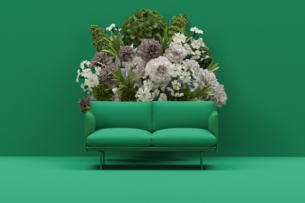 Green armchair with colorful flowers on pastel green background Advertisement idea 3d render