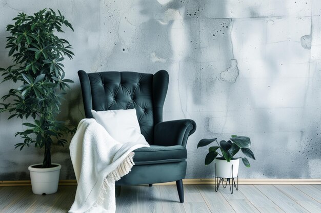 Photo green armchair with a white throw blanket houseplant beside concrete wall