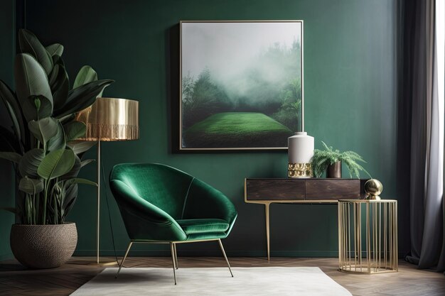 Green armchair and wooden table in the interior of a living room with a frame on the wall